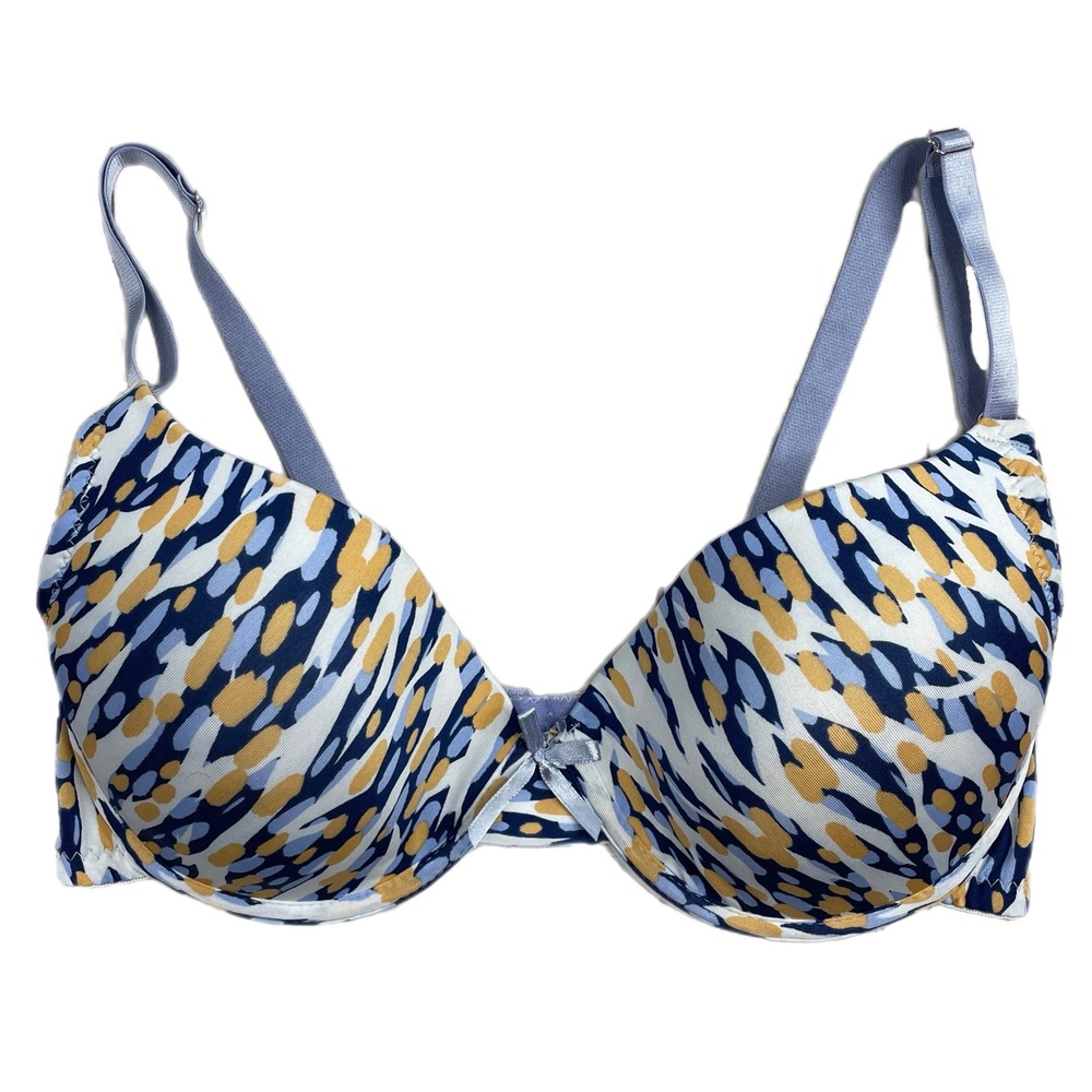 Midnight Muse Intimates Bra 38D Blue & Gold Patterned Comfortable Support EUC
